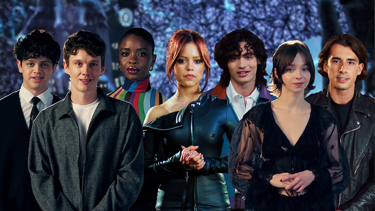Wednesday cast featuring Jenna Ortega and the main actors from the Netflix series